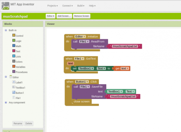 android oprette app appinventor screen2 blokke