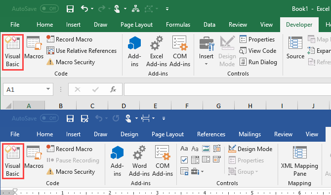 Visual Basic under fanen Udvikler i Microsoft Excel og Microsoft Word