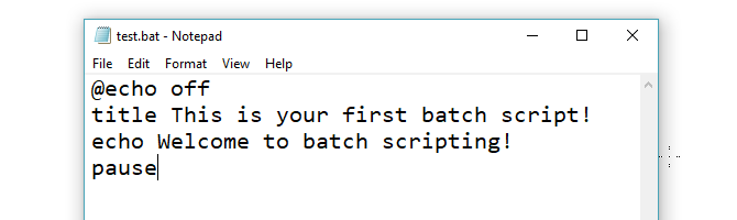 Test Bat-fil skrevet i Notepad