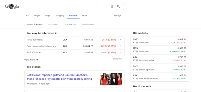 Google Finance-skærmbillede