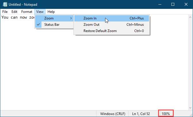 Zoommenu i Notepad