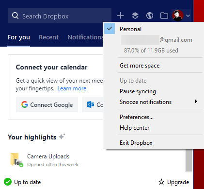 Dropbox-menu Windows