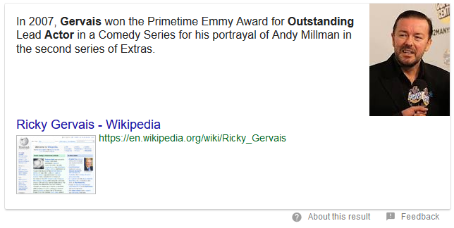 Google-søgeresultat om Ricky Gervais