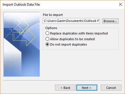 outlook-importdatafil pst-fletning