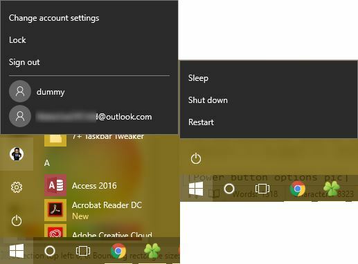 windows 10 startmenu strømindstillinger