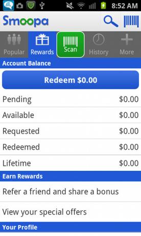 Få betalt for at handle smartere med Smoopa [Android 1.6+ & iOS] smoopa belønningsbalance