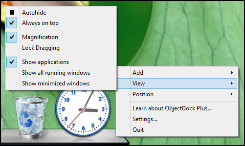 ObjectDock: Tilpas hurtigt dit skrivebord og øg dets funktion [Windows] ObjectDock Højreklik på visning