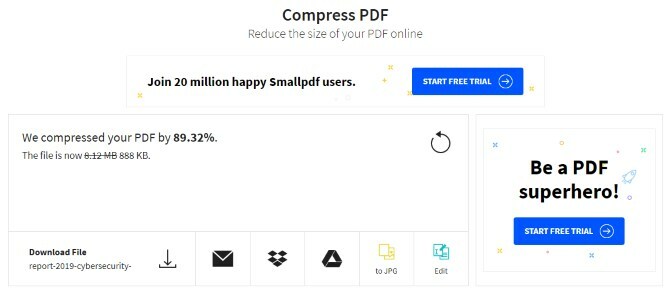 Resultaterne af en filkomprimering med komprimere PDF