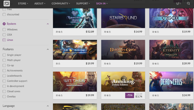 GOG-webstedet viser spil, der er tilgængelige på Linux