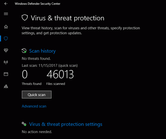 Windows Defender Security Center Virus og trusselbeskyttelse