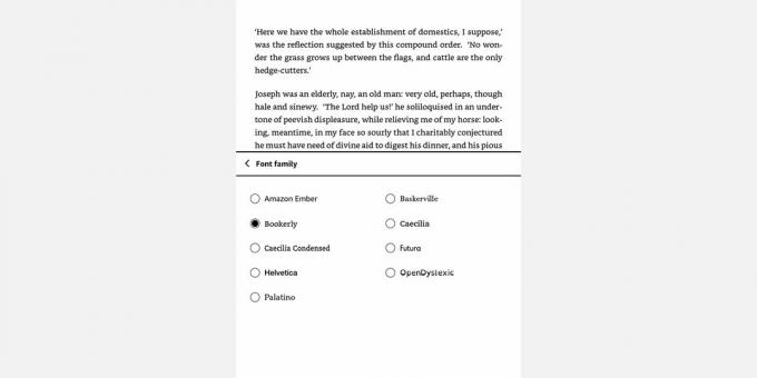 Skærmbillede af Amazon Kindle Font Family menu