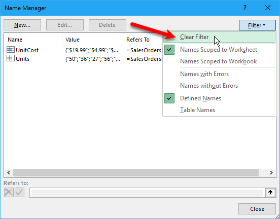 Ryd filter i Name Manager-dialogboksen
