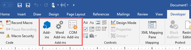 Afsnit om tilføjelser på fanen Udvikler i Microsoft Word