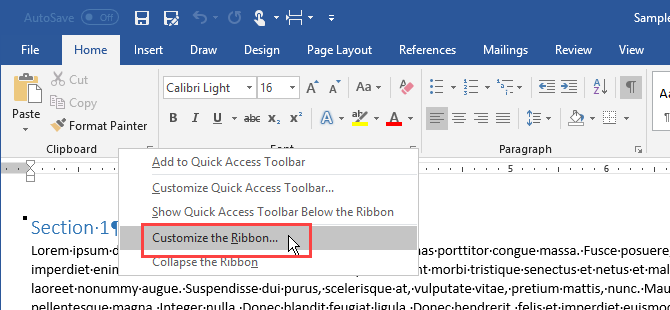 Højreklik på båndet i Microsoft Word og vælg Tilpas båndet