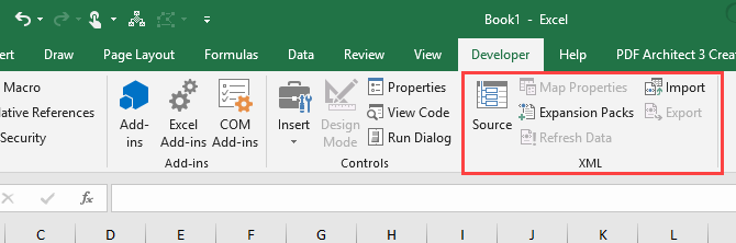 XML-afsnit under fanen Udvikler i Microsoft Excel