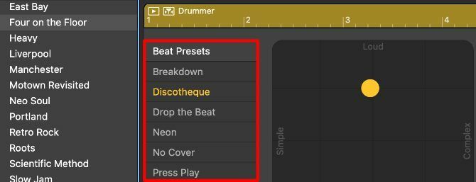 Beat presets i vinduet Drummer Editor
