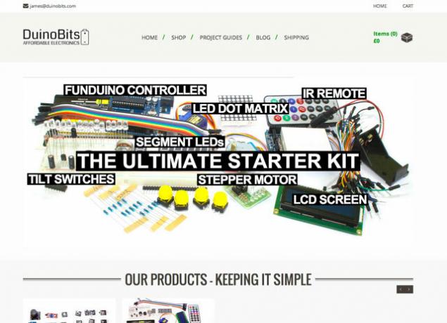 Mit WooCommerce-sted - DuinoBits.com, med Arduino-startsæt og sensorer.