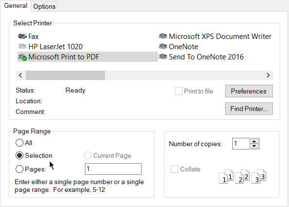 Udskriv et valg fra en e-mail i Microsoft Outlook