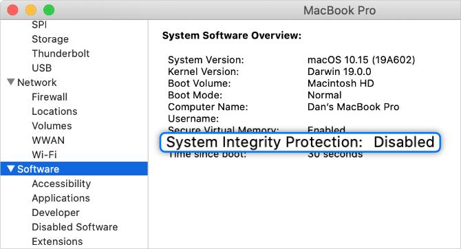 Systemintegritetsbeskyttelse deaktiveret i Mac-systemrapport