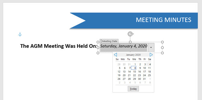 Microsoft Word Date Picker Content Control 