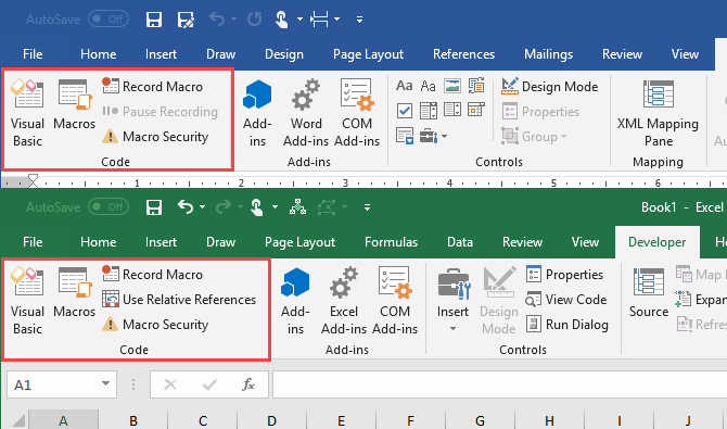 Kodeafsnit under fanen Udvikler i Microsoft Word og Microsoft Excel