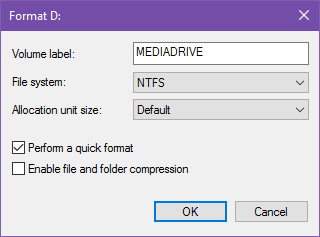 indstillinger for windows diskformat