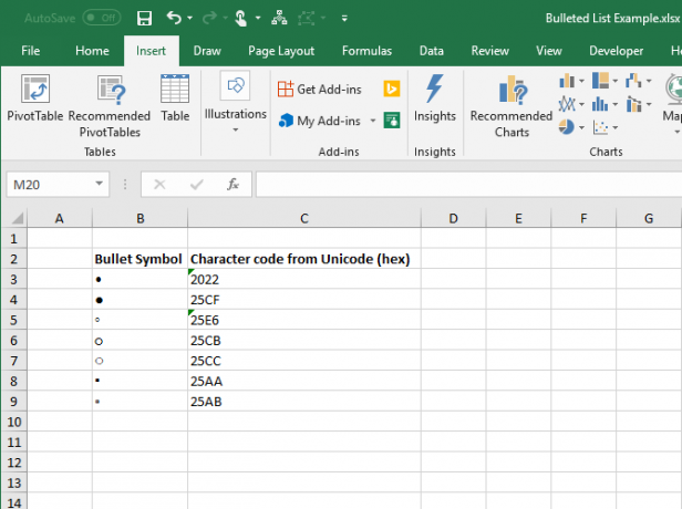 Bullet symboler og karakterkoder i hex i Excel