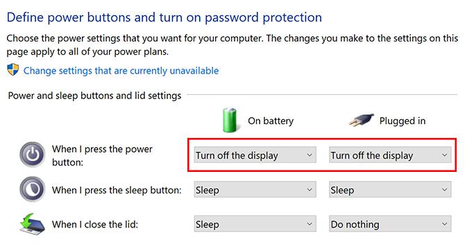 Sådan slås en bærbar skærm fra i Windows 10 med tænd / sluk-knappen Windows10 strømskærm