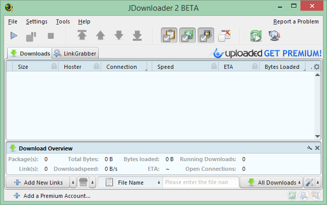 Dette er en skærmoptagelse af JDownloader-interface. JDownloader giver mulighed for bedre downloads.