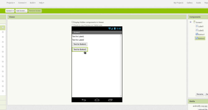 android oprette app appinventor screen1 widgets