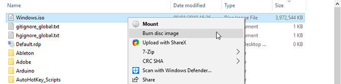 Højreklik på en iso for at brænde den oprindeligt i Windows