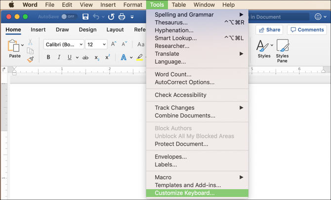 Tilpas tastaturindstilling fra menuen i MS Word på Mac