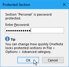 Dialogboksen Beskyttet sektion i OneNote 2016