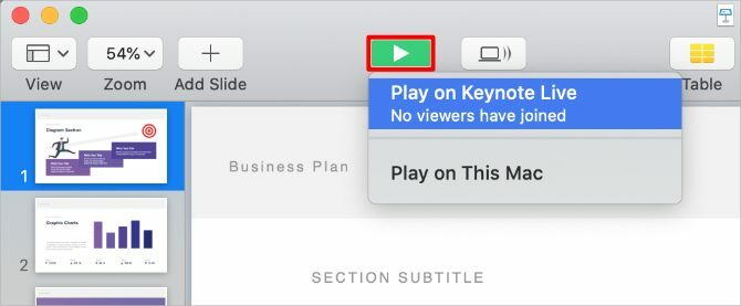 Keynote Play-knap med Keynote Live-indstillingen
