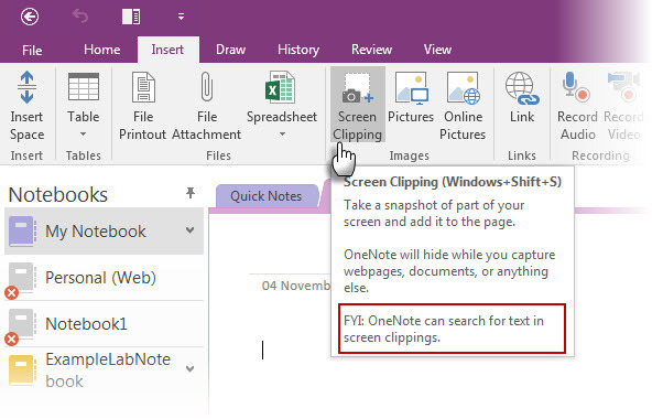 OneNote skærmklipning