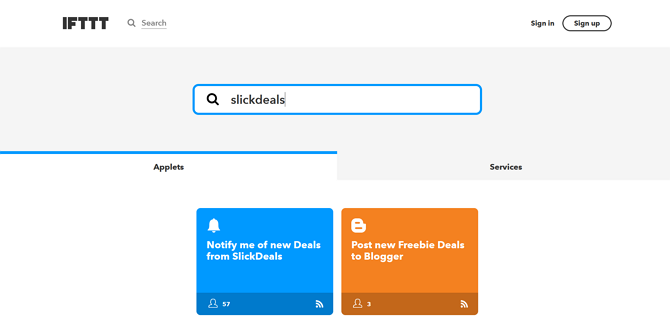 IFTTT Applet-søgeside-resultater for SlickDeals