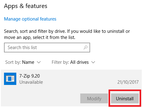 Afinstaller Windows 10 Apps & funktioner