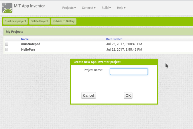 android oprette app appinventor nyt projekt navn