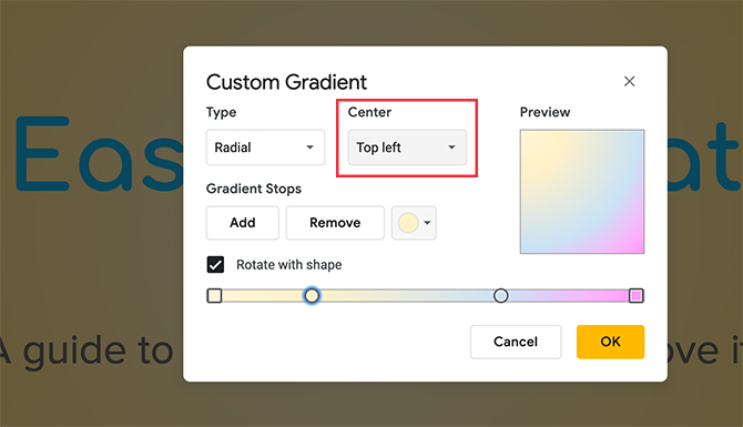 Tilpasset gradient Google Slides ændrer gradientposition