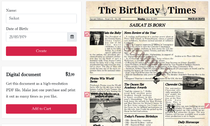Opret en falsk avis med din fødselsdato på The Birthday Times