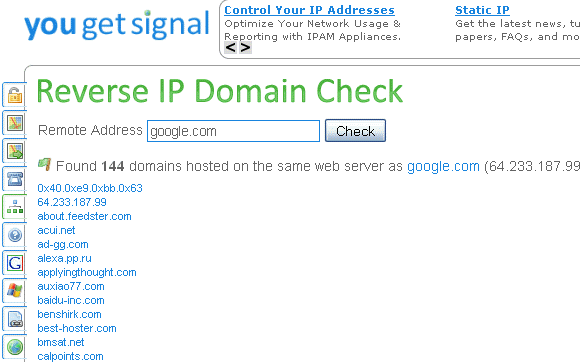 Find andre sider, der kører på din hosting-server med YouGetSignal yougetsignalreverseip