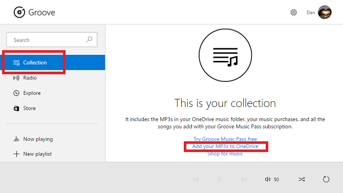 groove musik tilføj til onedrive