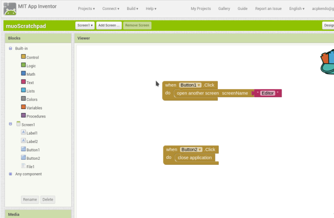 android oprette app appinventor screen1 blokke