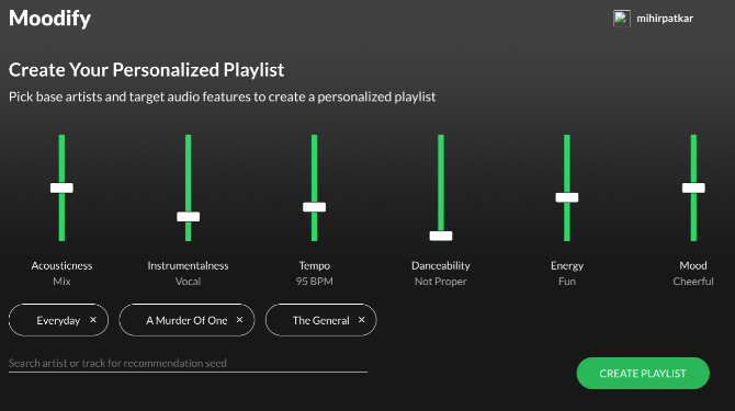 Moodify opretter tilpassede afspilningslister baseret på sange, du kan lide, og de musikalske funktioner, du ønsker