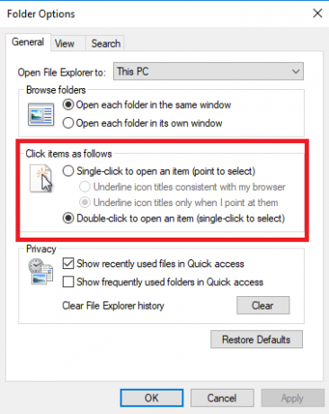Sådan åbnes filer / mapper med kun et enkelt klik i Windows dobbeltklik på indstillingsvinduer