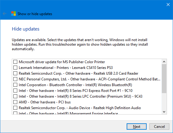 Windows 10 Skjul listen over opdateringer