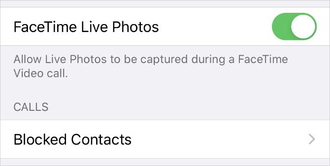 FaceTime Live Photos skifter i iPhone-indstillinger