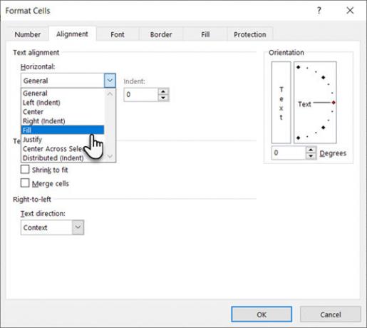 Vælg Udfyld under vandret i dialogboksen Formater celler i Excel
