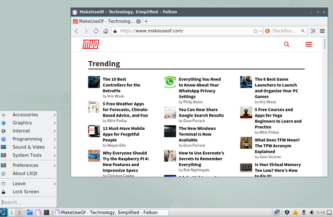 LXQt's appmenu og en åben webbrowser