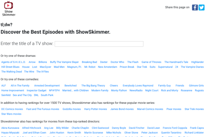 Show Skimmer viser de top fem eller de ti episoder af ethvert tv-show